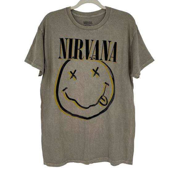 Officially Licensed Nirvana Nevermind Smiley Grunge Tee Beige Acid Wash Large - Picture 1 of 6